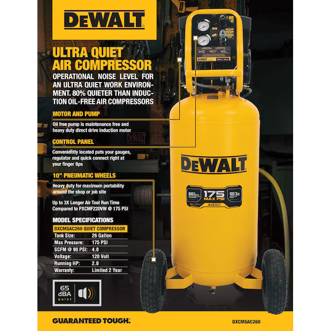 DEWALT Ultra Quiet 26-Gallon Portable Electric 175 PSI Vertical Air Compressor D55168