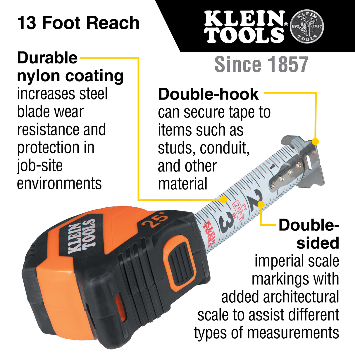 Klein Tools Tape Measure, 25-Foot Compact, Double-Hook 9525